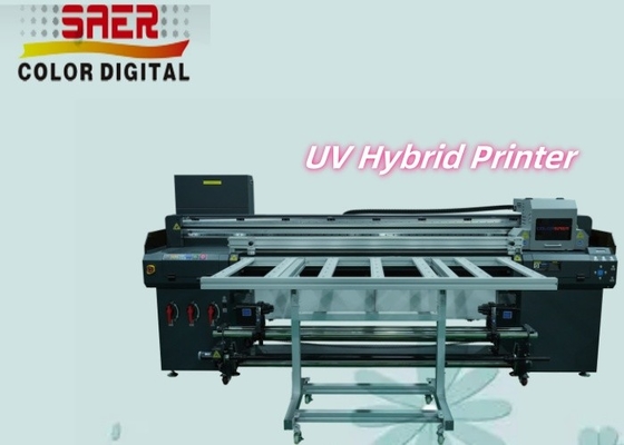 เครื่องพิมพ์ยูวีไฮบริดแบบแคริลิก น้ําลาย CMYK 1.8m Roll To Roll และ Flatbed